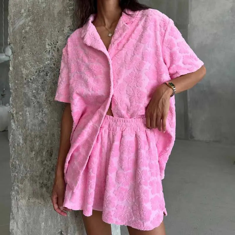 2025 Women's Soft 2PCS Pajama Sets Pink Color Loose Suit Elegant Sleepwear Sets Casual Lapel Short Sleeve Shirt + Shorts Outfits Pink