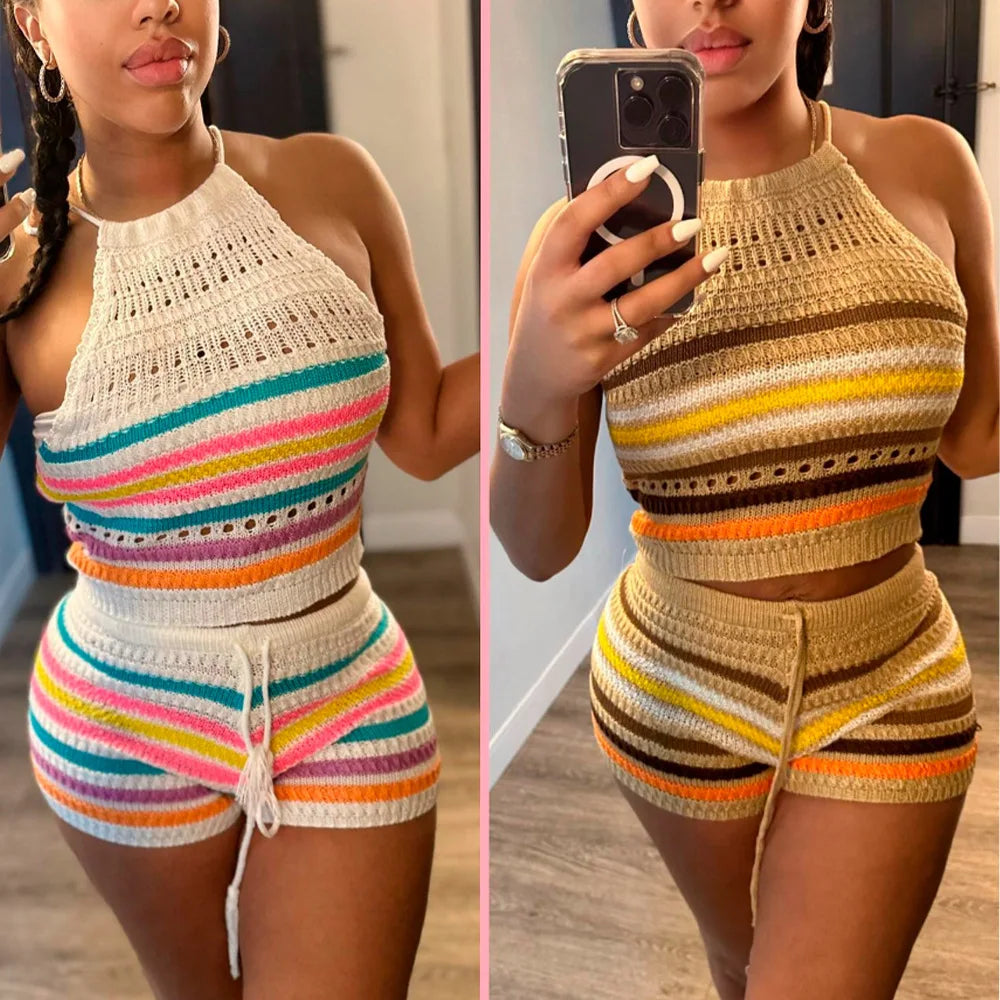 Striped Hollow Out Top & Drawstring Shorts Set Women Two Piece Set Y2k Club Beach Vest Halter Tops Elastic Waist Summer 2025