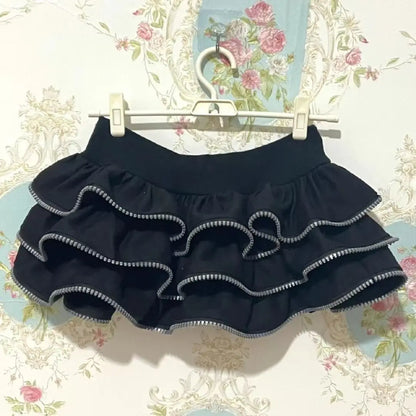 Zipper Half Skirt for Women Retro Punk Subculture Cake Puffy Skirt Japanese Lolita Y2K Spicy Girl High Waist Ultra Short Skirt