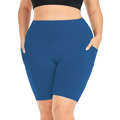 Women's High-Waisted Yoga Shorts Plus Size Workout Leggings with Dual Pockets Stretch European Style Activewear for Gym & Casual