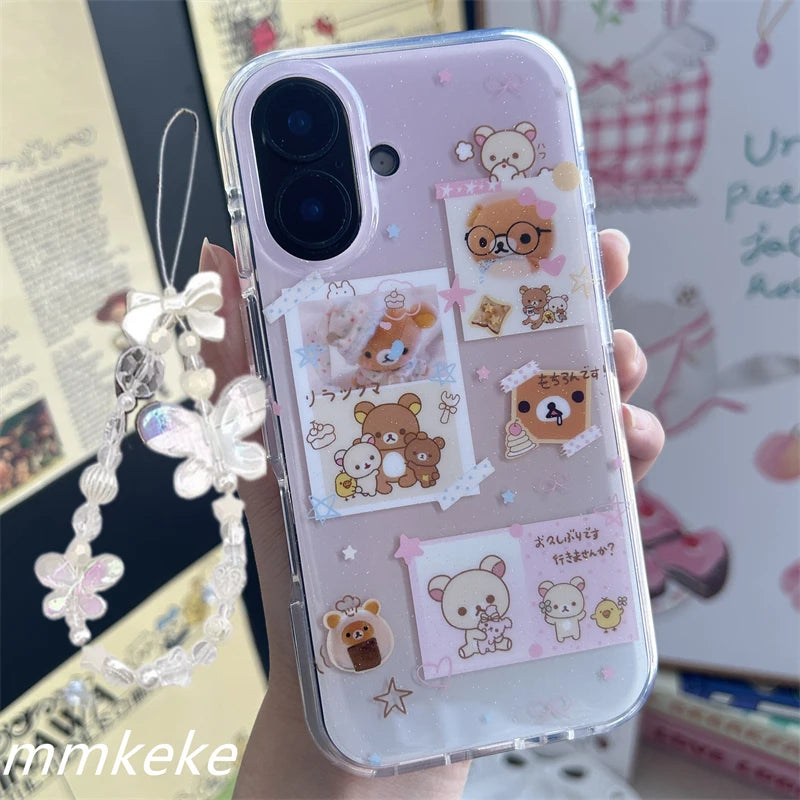 Lovely Rilakkuma Family Portrait Cartoon Pink Phone Case For iPhone 16 15 14 13 12 11 Pro Max PLUS Y2K Kawaii Shockproof Cover Badiee Stylez