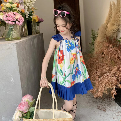Girl Suspender Fluffy Dress Korean Style Summer Kids Flowers Printing Beach Princess Skirt Girls Breathable Knee-Length Dress