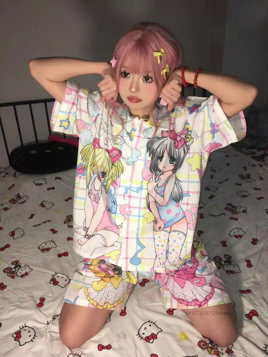 Sweet Soft Y2k Girl Fashion Anime Sleepwear Women's Summer New Cute Cartoon Thin Home Set Japanese Style Harajuku Kawaii Pajamas