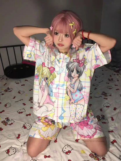 Sweet Soft Y2k Girl Fashion Anime Sleepwear Women's Summer New Cute Cartoon Thin Home Set Japanese Style Harajuku Kawaii Pajamas