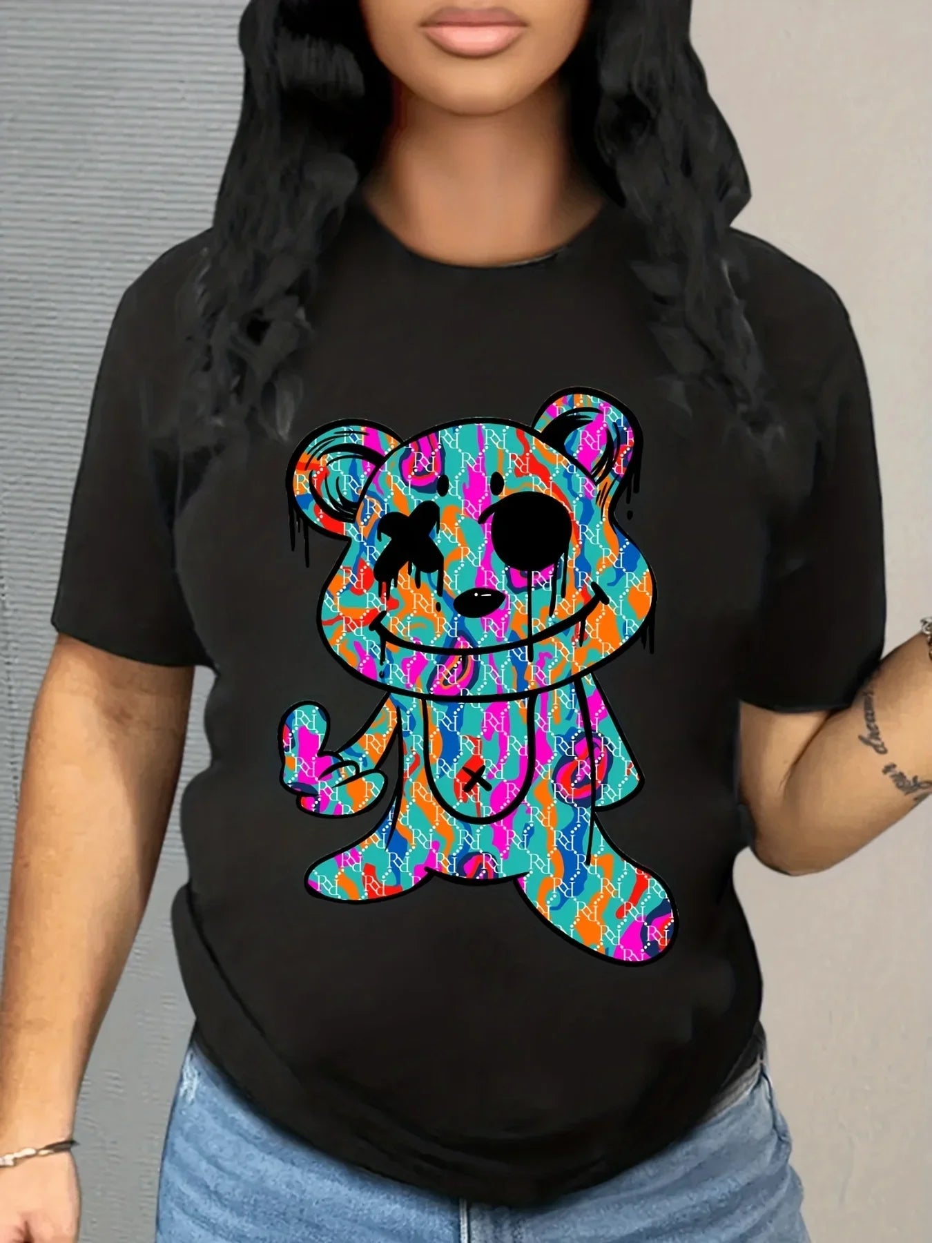 Plus Size Women's Cartoon Rabbit Print T-shirt, Casual Crew Neck Short Sleeve Summer T-shirt, Ladies Cute O-Neck Clothing T1223-025