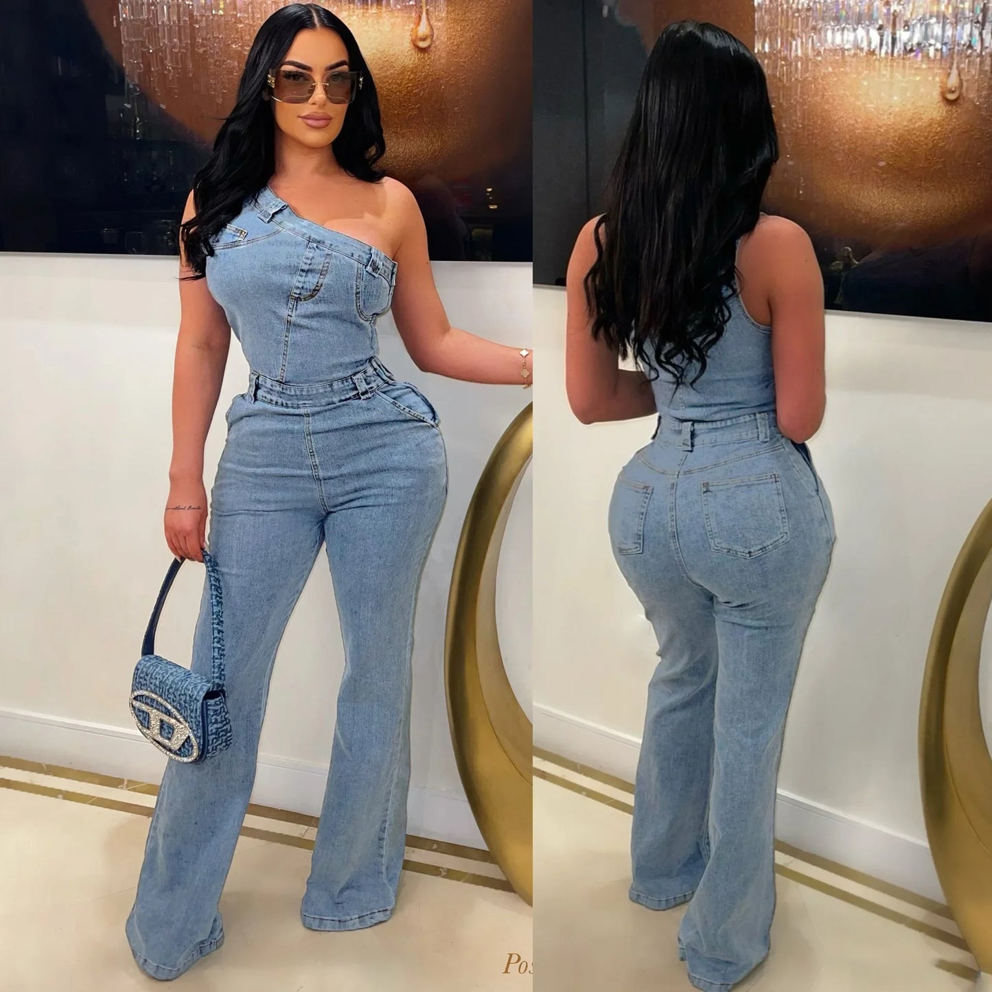Flare Denim Pants Full Length Women Jeans One Piece Overalls Spliced Solid Jumpsuits Loose Pockets High Waist Basics Washed Light Blue