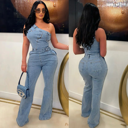 Flare Denim Pants Full Length Women Jeans One Piece Overalls Spliced Solid Jumpsuits Loose Pockets High Waist Basics Washed Light Blue