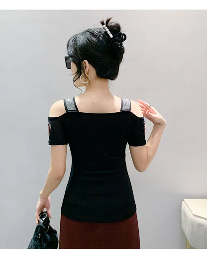 Aoxison Summer Short Sleeved Women's T-Shirt Elegant Slim Shiny Love Heart Diamonds Mesh Tops Chic Girl Sexy Off Shoulder Tees