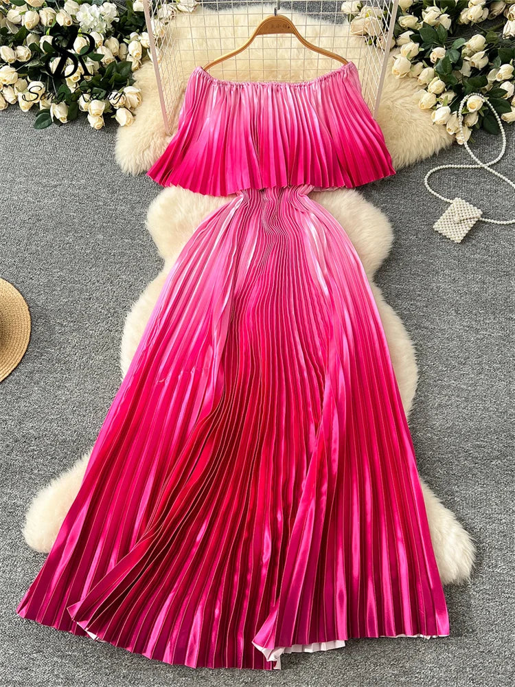 SINGREINY 2025 Gradient Party Long Dress Female Off Shoulder Elastic Waist A Line Sundress Vacation Luxury Pleated Maxi Dresses red One Size
