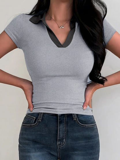 Summer Women's Color Collision POLO Shirt Slim Casual Solid Color Women's Tops Home Workwear V-neck Short-sleeved T-shirt Female