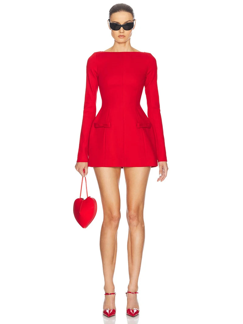 Mozision Double Bow Long Sleeve Sexy Mini Dress For Women Autumn Winter New Solid High Waist Bodycon Club Party Dress Elegant