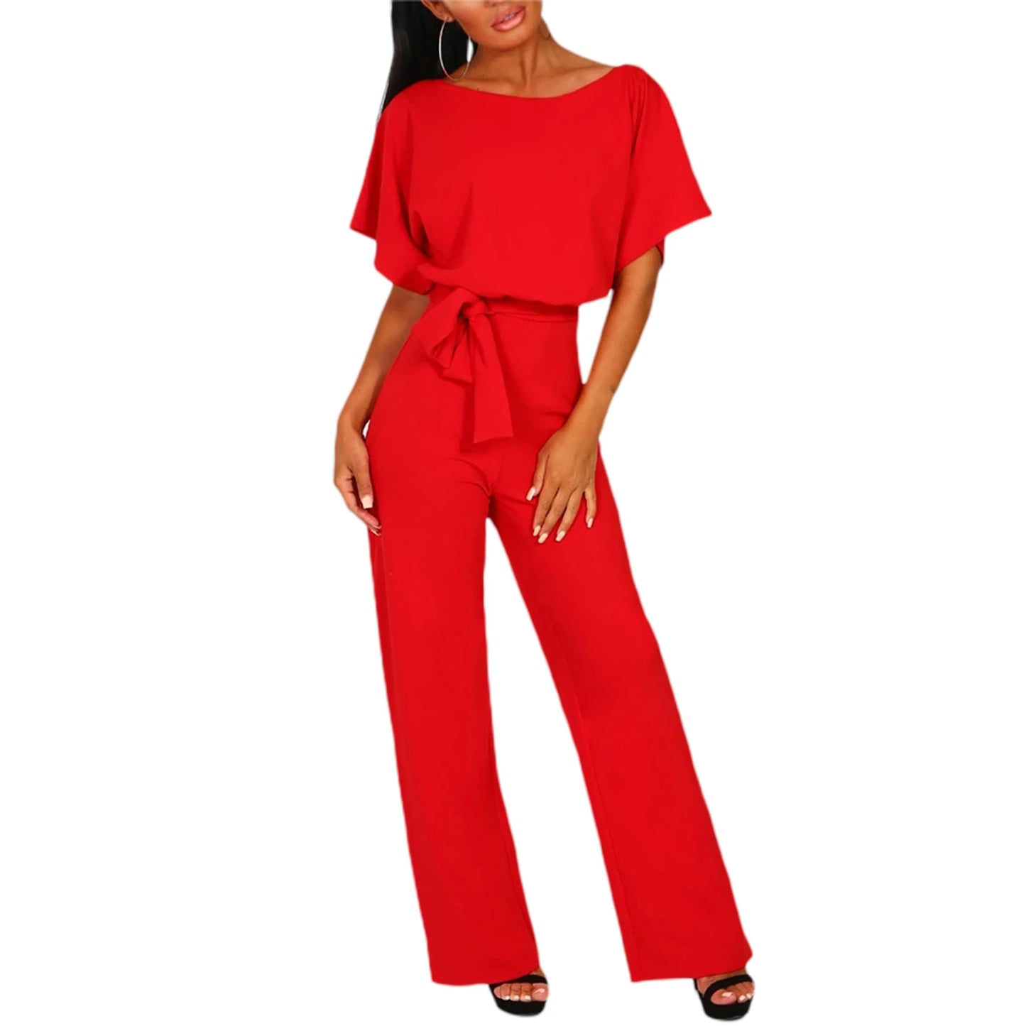 Women's clothing summer 2024 Jumpsuit, Elegant Short Sleeve Hollowed Waist Tie Solid Summer Wide Leg Pants Badiee Stylez