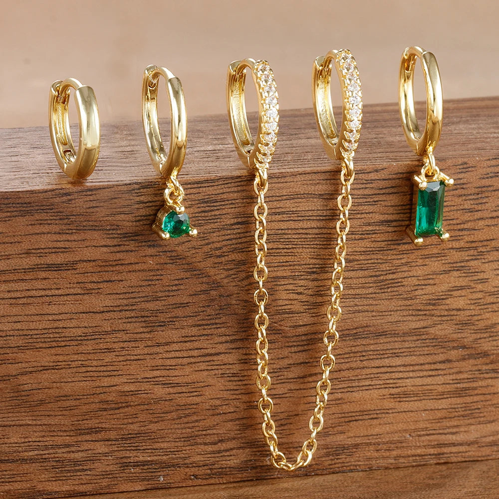 4PCS Exquisite Stainless Steel Long Chain Pendant Earrings Set for Woman Little Huggies Hoop Earrings Cartilage Piercing Jewelry gold-green-4pcs