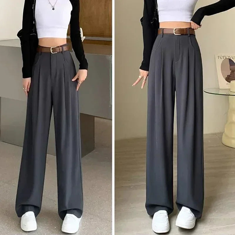 Women Fashion Suit Pants Lady Breathable Baggy High Waist Wide Leg Summer Trousers Lady Straight Leg Black Coffee Classic Pants Badiee Stylez