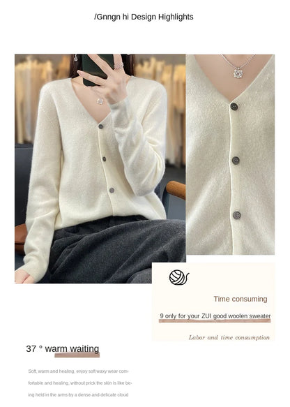 100 Merino Wool Knitted V-neck Sweater Women's Top Loose Korean Version Fashionable Versatile Autumn And Winter Cashmere Sweater