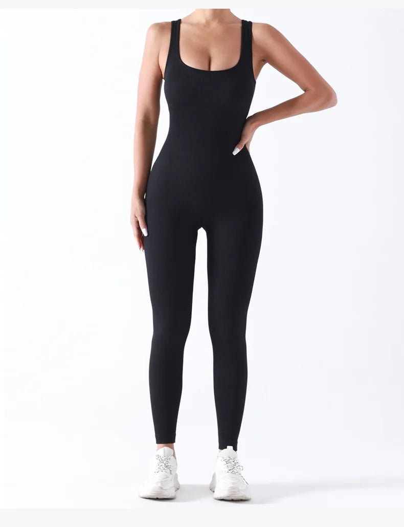 Women Workout Seamless Jumpsuit Yoga Ribbed Bodycon One Piece Square Neck Leggings Romper Badiee Stylez