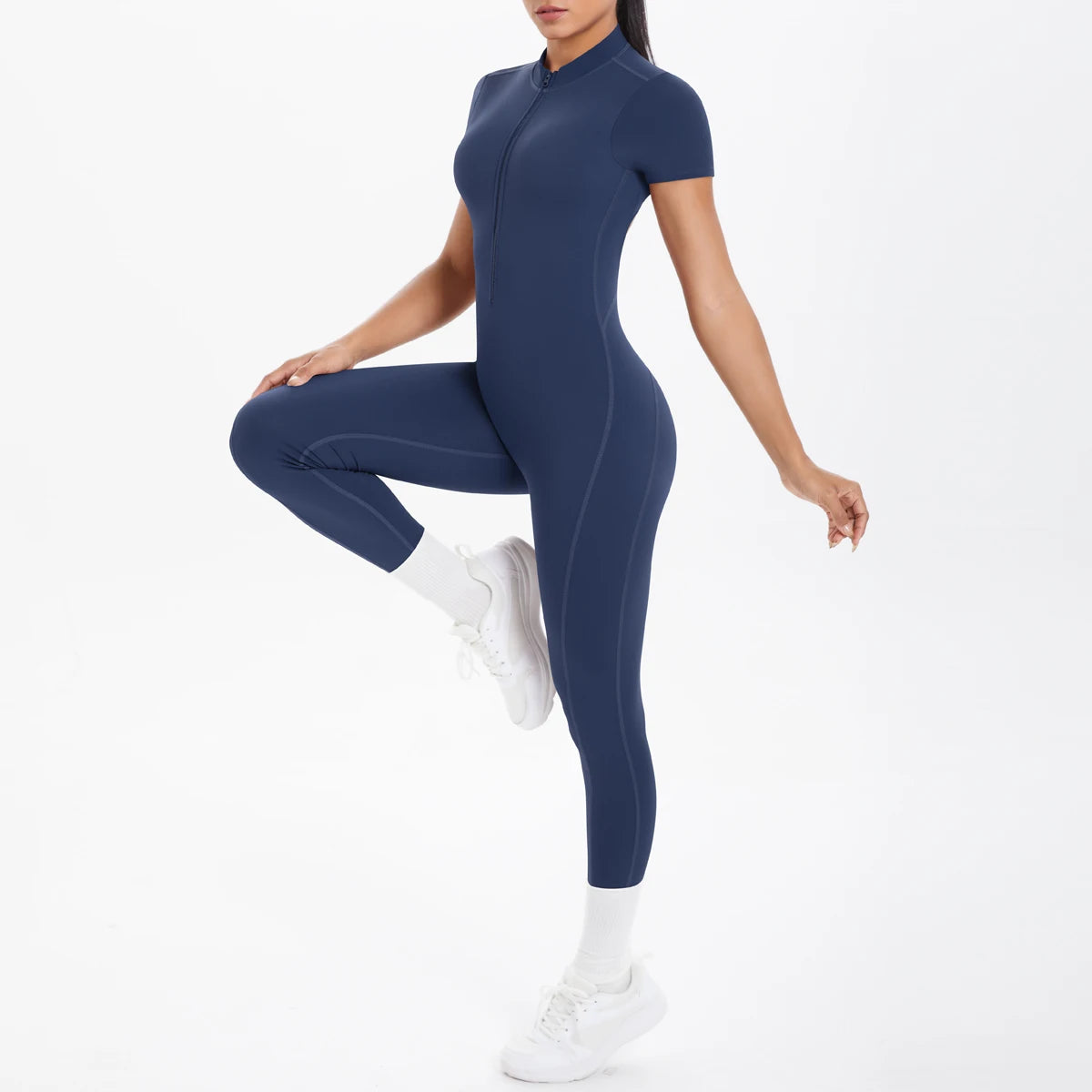 Short Sleeved Fitness Jumpsuit for Woman Bodysuits Backless Solid Color Scrunch One-Piece Suit Half Zipper Gym Yoga Sets Womens