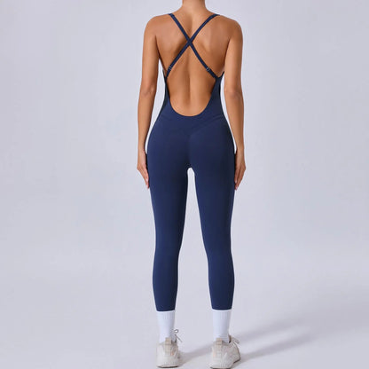 Rompers Yoga Sets Solid Black Hollow Out Bandage Backless Cross Jumpsuit for Women Fitness One-piece Gym Clothing Tracksuit