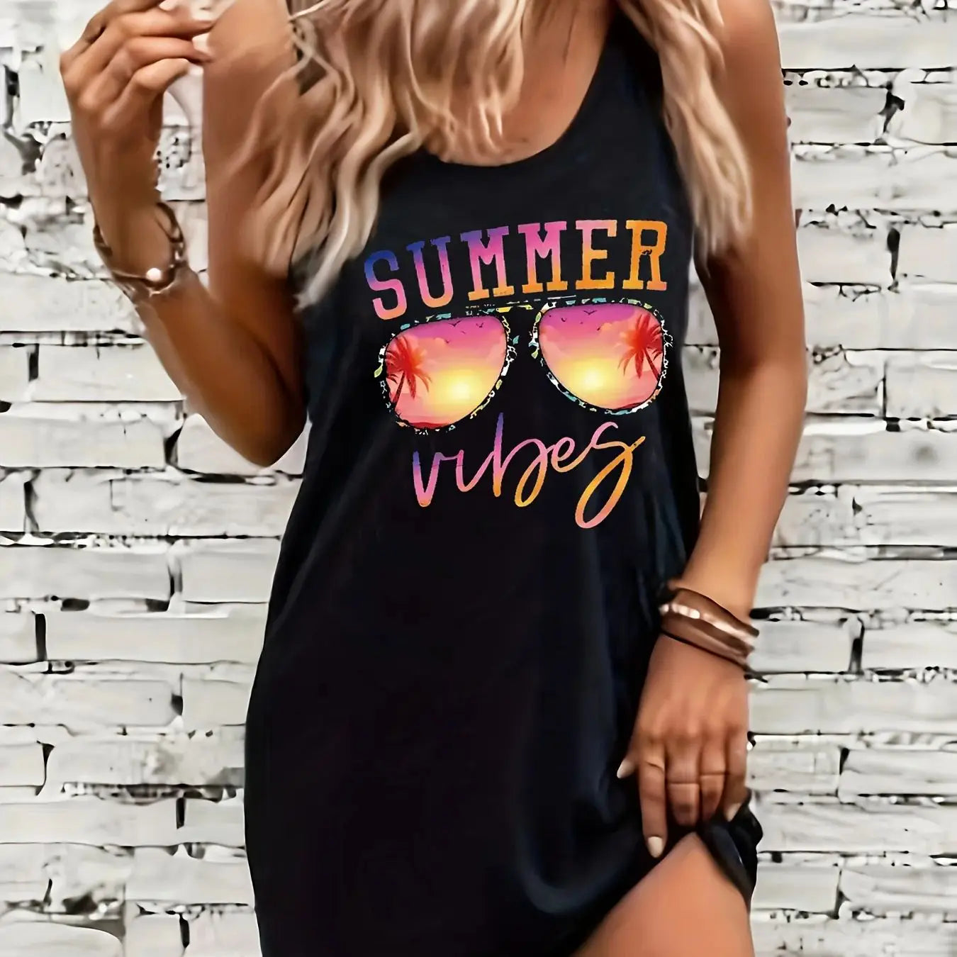 Women's Summer Sleeveless Tank Top Dress Sexy Women's summer loose sleeveless short mini dress with black print HL2125