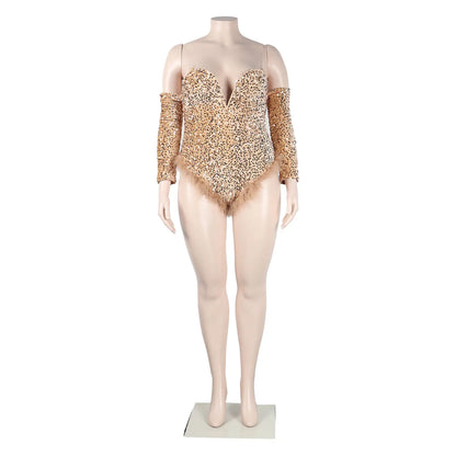 Women's Elegant Sequined Feather Slim Patchwork Bodysuits Spring Summer New Sexy Bodysuits Women Long Sleeve Backless Bodysuits