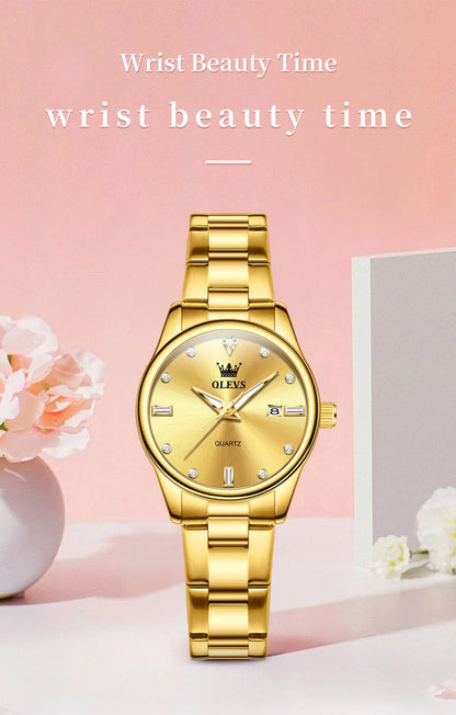 OLEVS Elegant Fashion Brand Women's Watches Gold Waterproof cCalendar Quartz Watch for Lady Stainless Steel Original Wristwatch