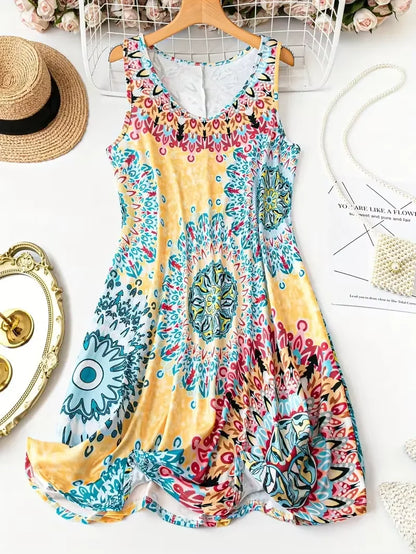 plus Size Printed Casual V-Neck Geometric Pattern Sleeveless Dress for Women PDD2405211-huang