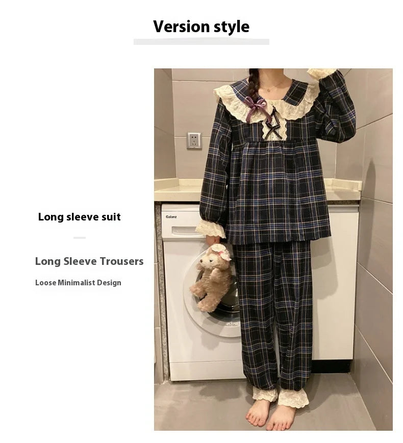Spring and Autumn New Women's Pajamas Homewear Suit Female Court Style Doll Collar Japanese Girl Plaid Autumn and Winter Homewea