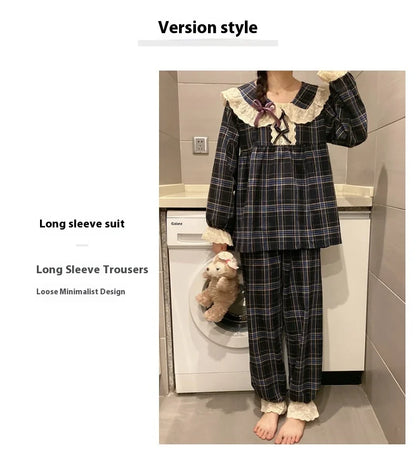 Spring and Autumn New Women's Pajamas Homewear Suit Female Court Style Doll Collar Japanese Girl Plaid Autumn and Winter Homewea