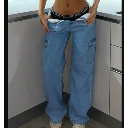 Women High Waist High Elastic Solid Jeans 2023 New Autumn Jeans Women Workwear with Pocket Denim Straight-Leg Pants Cargo Pants