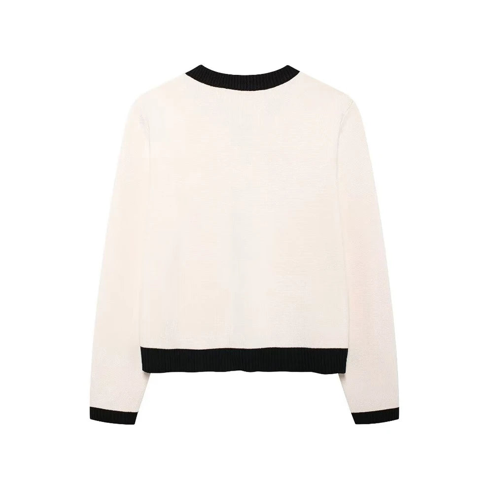 TRZA-Women's Knitted Cardigan Sweater with Golden Buttons, O-Neck, Long Sleeve, Female Outerwear, Chic Tops, Fashion