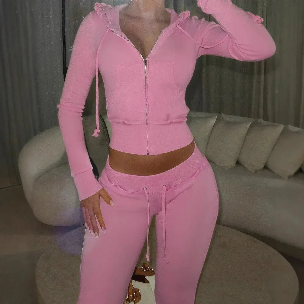 Patchwork 2 Piece Set Tracksuit Women Zip Wide Waist Crop Hooded Pocket Jacket + Sporty Pants Matching Casual Basic Suit