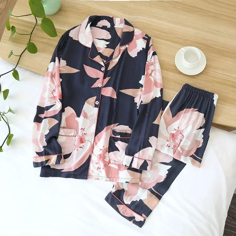 Spring and autumn ladies cute cartoon floral viscose fiber pajamas two-piece long-sleeved home service cotton summer thin shorts 018