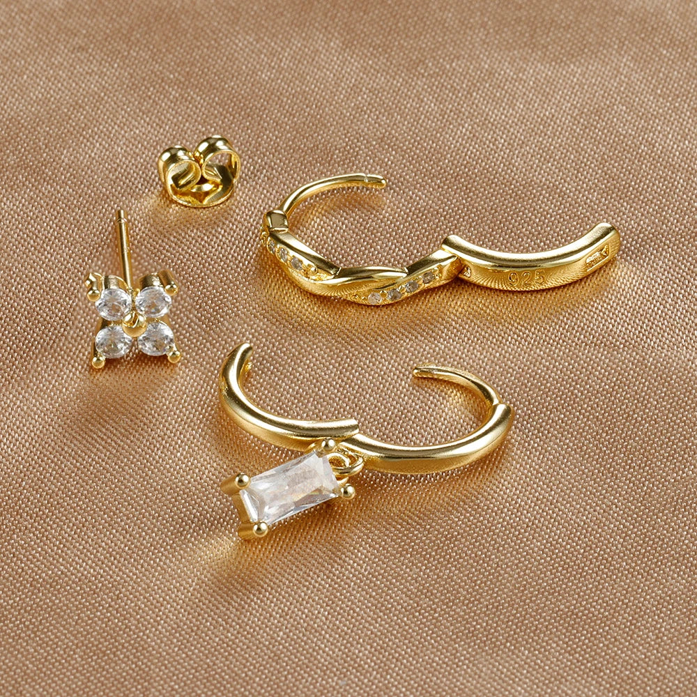 3PCS Fashion Stainless Steel Circle Hoop Earrings Set for Women 18K Gold Plated Zircon Pendant Square Earring Piercing Jewelry