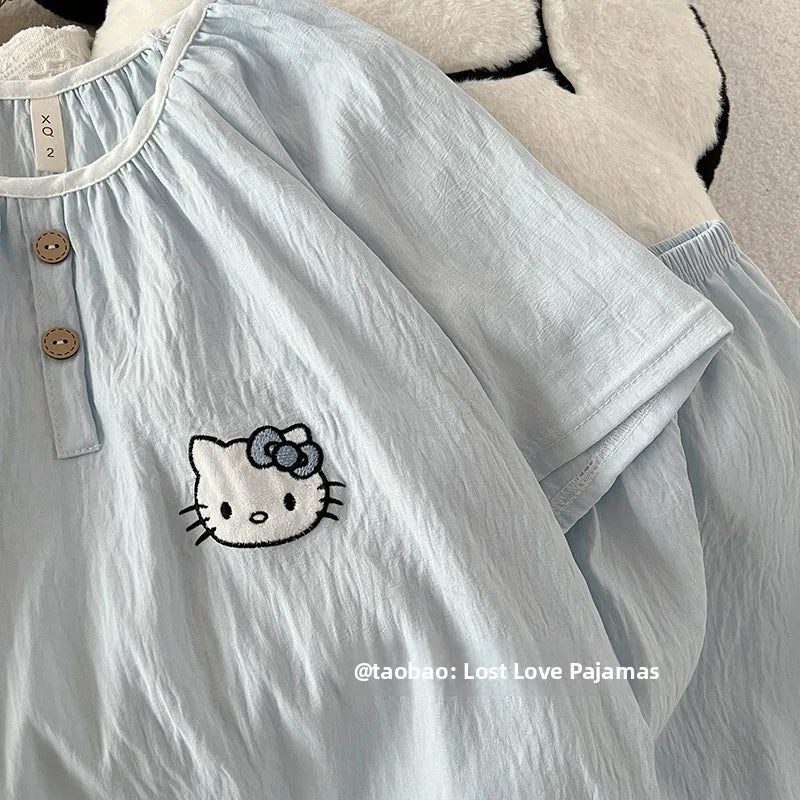 Summer New Cloud Cotton round Ne Button Sweet Cartoon Spwear Two-Piece Set Lightweight Comfortable Student Home Clothes