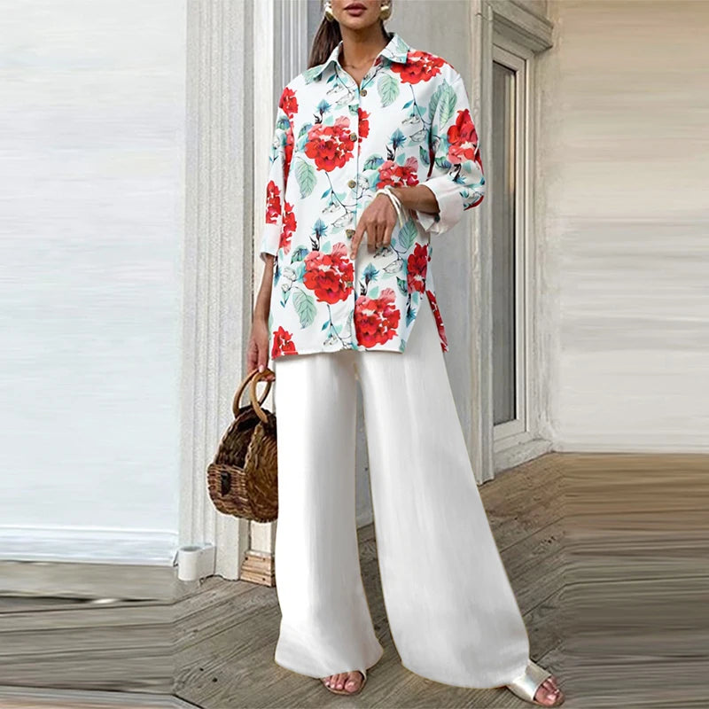 ZANZEA Autumn Vintage Pant Sets Women Fashion 2 Piece Outfits 2025 Elegant Long Sleeve Print Tops and Elastic Waist Pants 2pcs Badiee Stylez