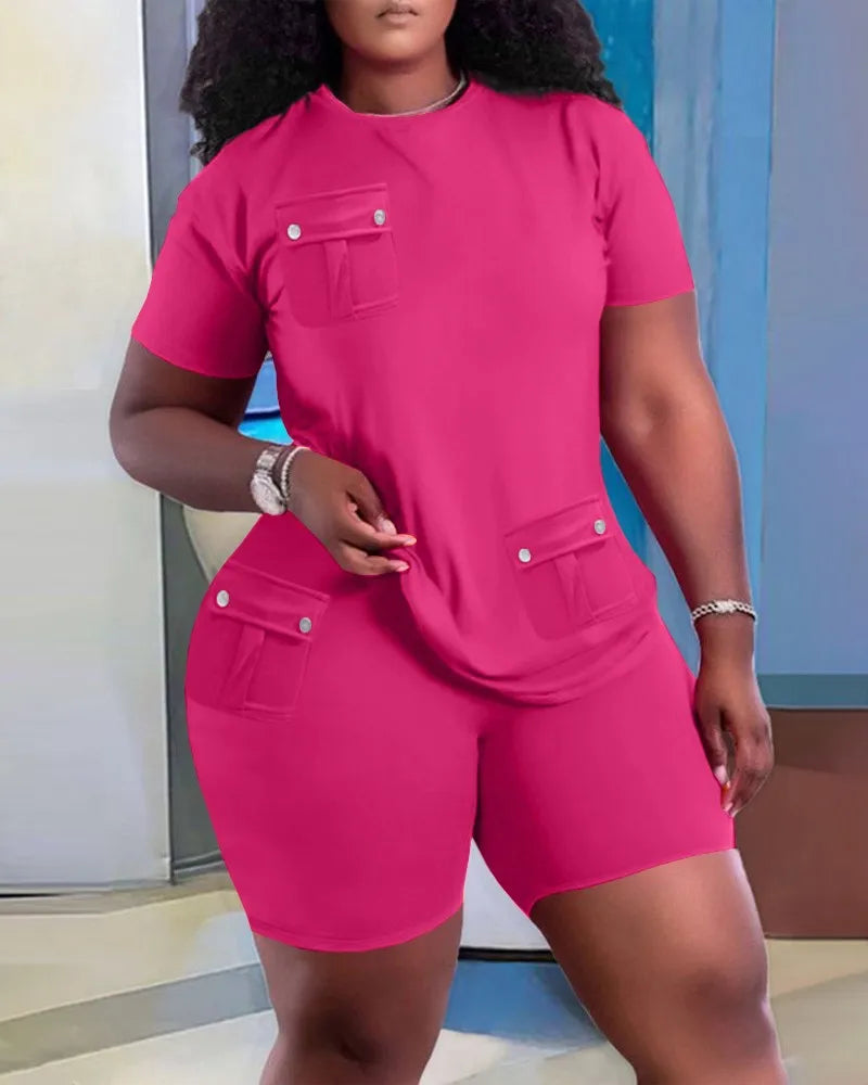 Women Two Piece Shorts Sets Solid Round Neck T Shirts Pockets Elastic Waist Short Trousers Suits Leisure Ladies 2025 Summer