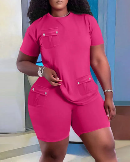 Women Two Piece Shorts Sets Solid Round Neck T Shirts Pockets Elastic Waist Short Trousers Suits Leisure Ladies 2025 Summer