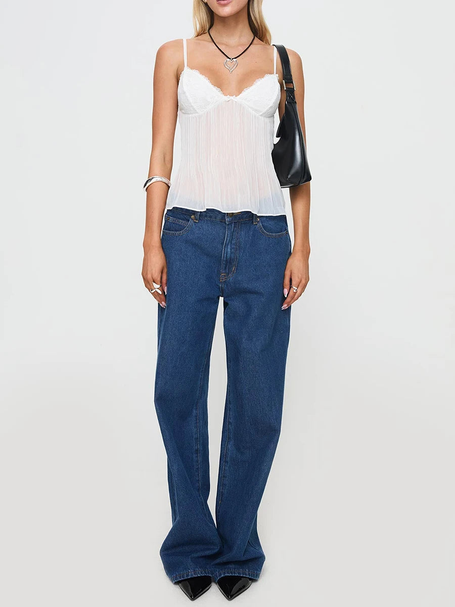 New Fashion Womens Pleated Camisole Mini Bowknot Front Spaghetti Strap V-Neck Lace Cropped Tops Club Street Style Hot Sale S-XL