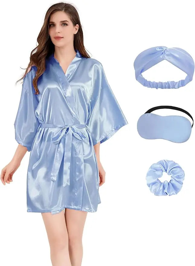2Pcs Womens Floral Kimono Robe Silk Robes Bride Bridesmaid Satin Robes Bridal Dressing Gown Silky Bathrobe As the photo show 3 One Size