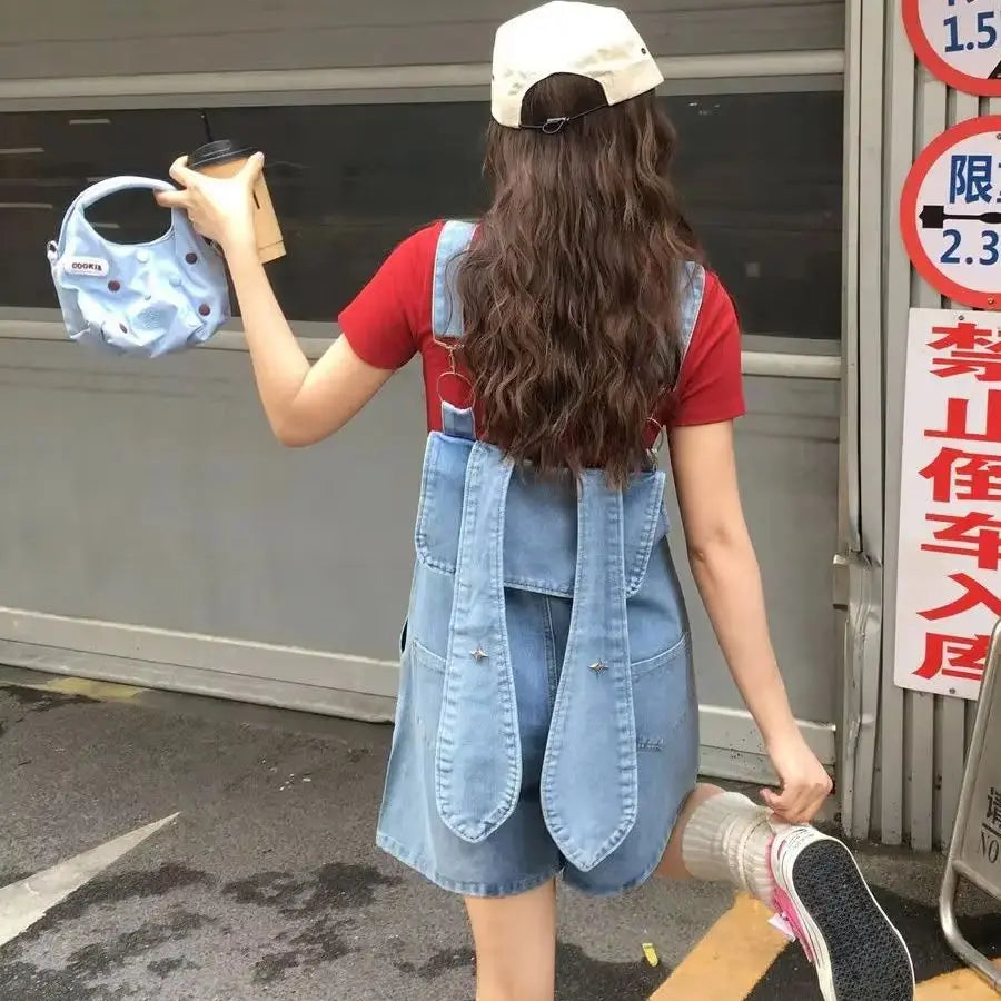 Denim Jumpsuit Rabbit Ears Cute Girl Chic Wide Legs High Waist Loose Korean Japan High Street Solid Jump Suits Women