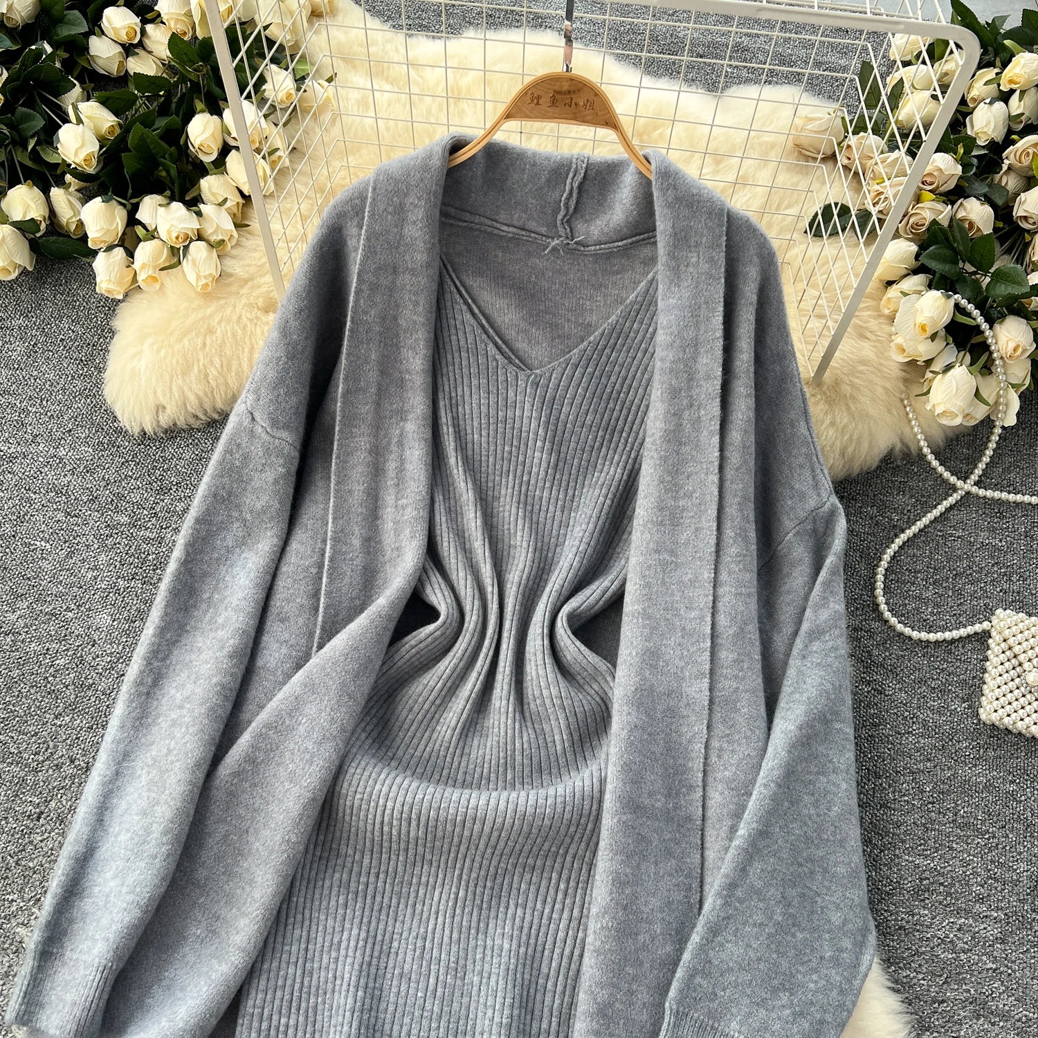 SINGREINY Autumn Knitted Two Pieces Sets Ladies Loose Knitting Cardigan+Spaghetti Strap Bodycon Dress Basic Solid Winter Suits Badiee Stylez