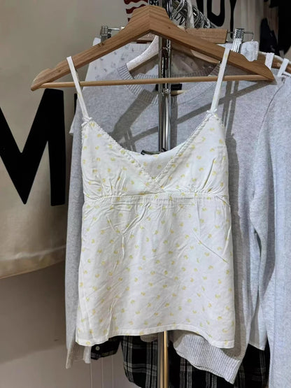 Floral Print Bow V Neck Camis Women Chic Lace Trim Sleeveless Slim Crop Tops Vest Sweet Casual Fashion Raw Hem Tank Top Y2k New New little duck One Size