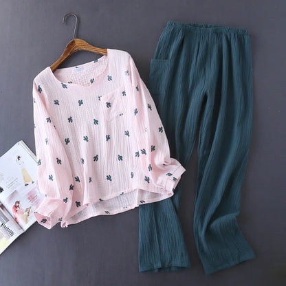 New Japanese style spring and autumn ladies cotton crepe cloth long-sleeved trousers pajamas cactus comfortable home service Pink cactus