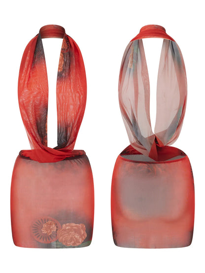 Combhasaki Womens Summer Beachwear Y2K Halter Deep V-Neck Sleeveless Backless Flower Tie-dye Print Bodycon Slim Short Mini Dress