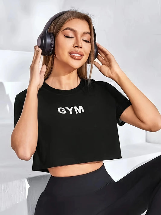 Women's Casual Printed Crop Top Athletic Style Short Sleeve Round Neck Gym T-Shirt for Workout & Fitness