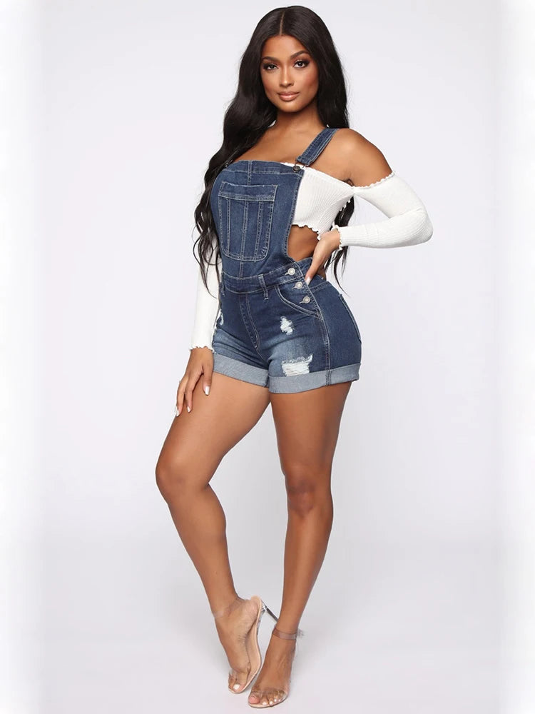 New Summer Women Shorts Overalls Ripped Jeans Lady Sexy Stretch Rompers Denim Pants Lady Cross Strap Jumpsuit Casual Bodysuits