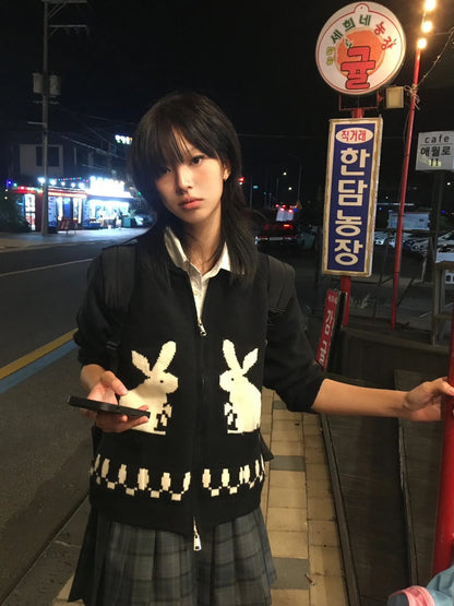 Karrram Japanese Y2k Knit Cardigans Vintage Rabbit Embroidery Zipper Knitwear Harajuku 2000s Korean Knitted Coat Preppy Style