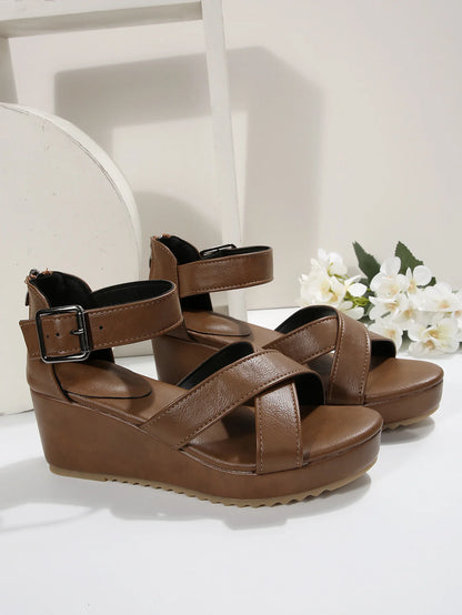 Roman Style Thick Heel Sandals Women's Summer Fashion Large Size Belt Buckle High Heels Platform Slippers PU Leather TPR