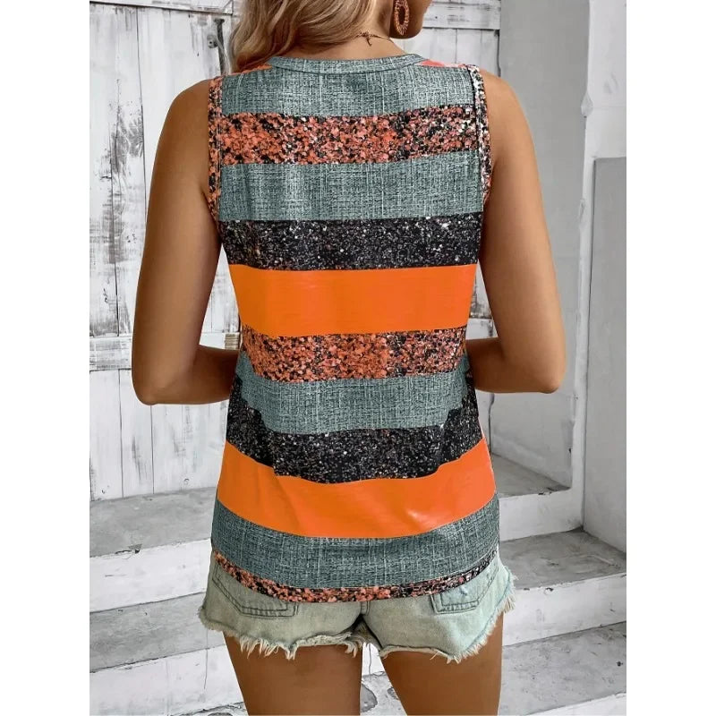 Plus Size 1XL-5XL New Women's Summer Casual Color Block Striped Patchwork Printed V-neck Sleeveless Vest