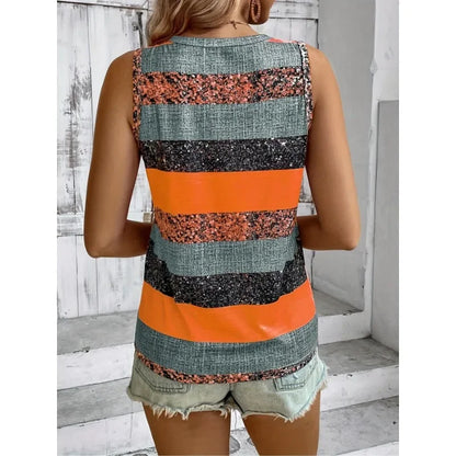 Plus Size 1XL-5XL New Women's Summer Casual Color Block Striped Patchwork Printed V-neck Sleeveless Vest